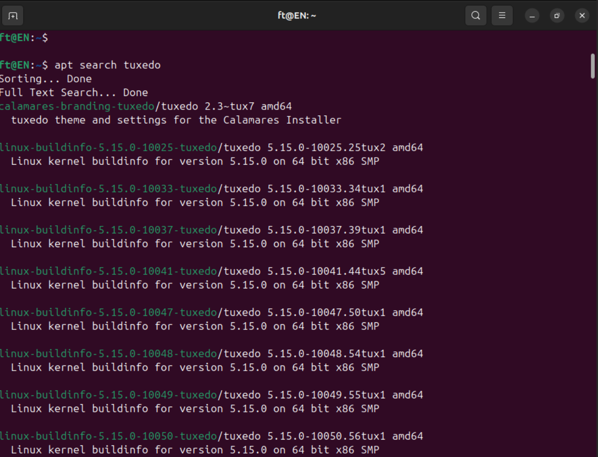 After successfully adding the package source, the command apt search tuxedo displays an overview of all tools and programs provided by TUXEDO.