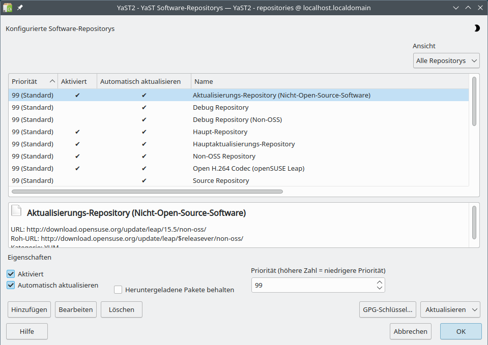After adding it, the TUXEDO repository appears in YaST’s overview and can be activated or deactivated there at any time if needed.