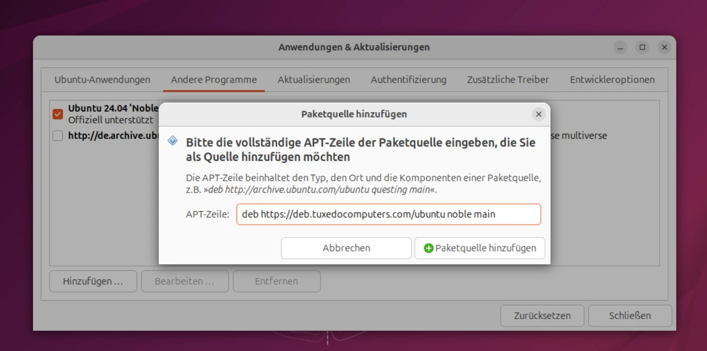 Im Menü Anwendungen & Aktualisierungen tragen Sie die TUXEDO-Paketquelle ein, um zusätzliche Softwarequellen in die Paketverwaltung von Ubuntu aufzunehmen und anschließend nutzen zu können.