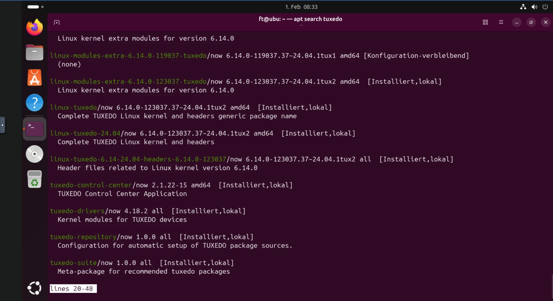 Nach dem erfolgreichen Einbinden der Paketquelle zeigt der Befehl apt search tuxedo eine Übersicht aller von TUXEDO bereitgestellten Tools und Programme an.